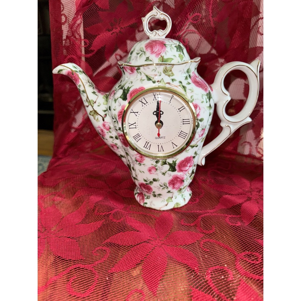 Victoria's Garden Teapot Clock Porcelain Pink Rose Floral Quartz Tabletop Decor